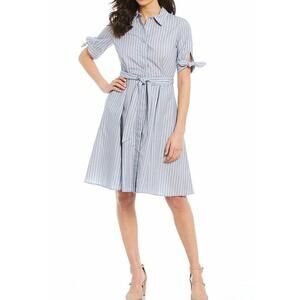 CALVIN KLEIN grey white striped nautical 100% cotton belted knee length dress